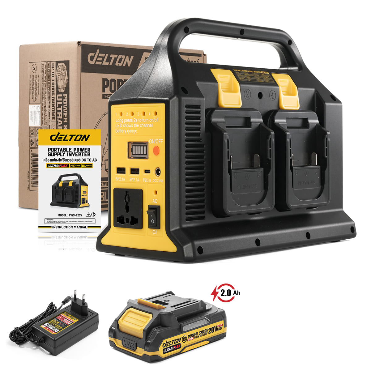 เครื่องแปลงไฟอินเวอร์เตอร์ (พร้อมแบตเตอรี่) DELTON รุ่น PWS-220V ULTRAFLEX 20V 2AH_1